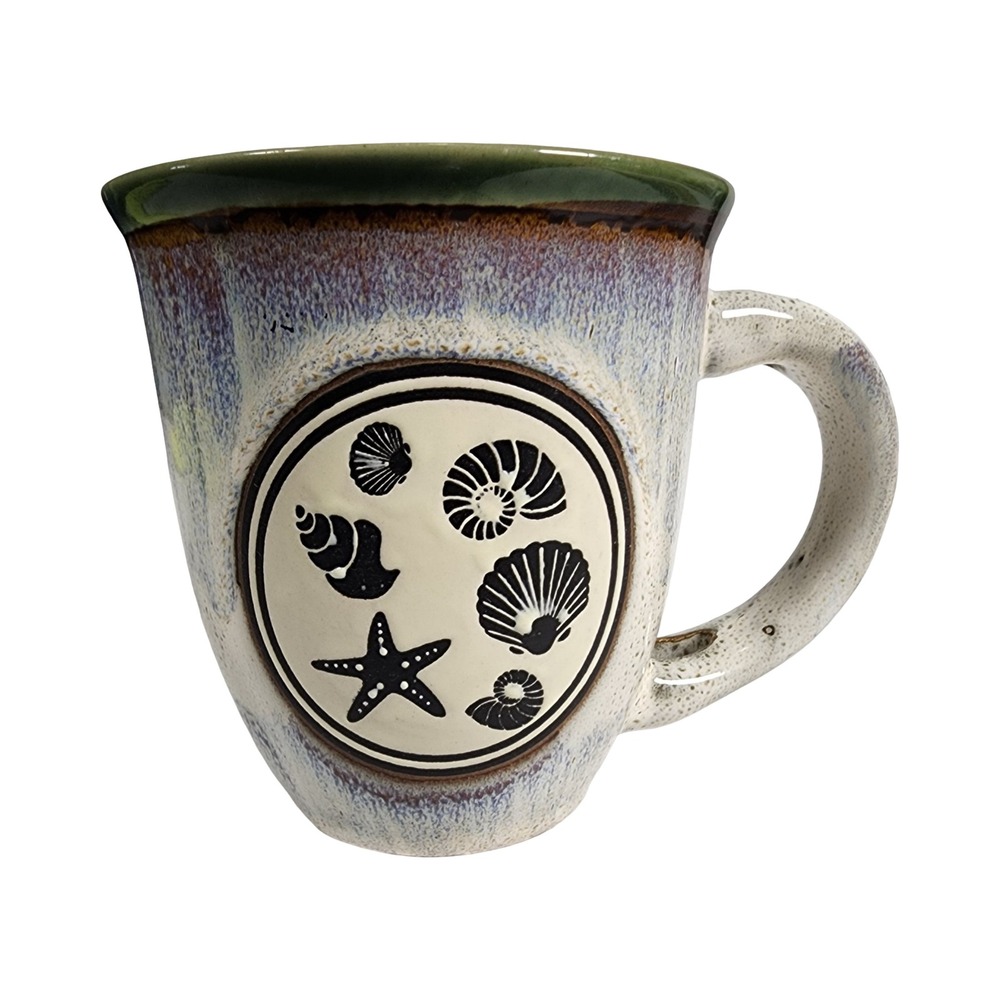 Souvenirs Ceramic Seashell Starfish Coffee Mug Reactive Glaze‎ Blue Green 4.5in